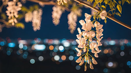 White flowers cascade from a branch, with a blurred cityscape creating a backdrop. The image displays a soft focus aesthetic. The composition uses natural light. This visual could be used in design projects, advertising, or as an editorial illustration.の素材