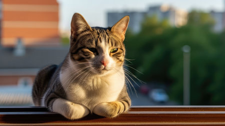 A domestic cat rests peacefully on a windowsill, bathed in warm sunlight. The brown tabby cat has white markings on its chest and paws. The composition features a shallow depth of field, with a blurred background of buildings and foliage. Suitable for various commercial and editorial applications.の素材