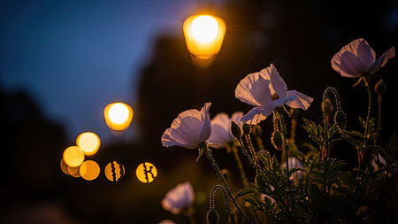 Close-up of elegant white poppy flowers, illuminated by a warm, diffused light. The composition features a shallow depth of field, with soft focus on the petals. The dark backdrop is subtly enhanced by bokeh effects. Suitable for various applications, including print and online media.の素材