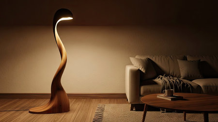 A stylish wooden floor lamp stands in a softly lit interior space. The lamp's curving design provides gentle illumination. The composition includes a sofa and coffee table, creating a cozy atmosphere. Suitable for use in design projects or editorial content needing a touch of warmth.の素材