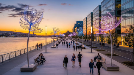 A waterfront promenade is filled with people at dusk. Overhead lighting illuminates the walkway and abstract art fixtures. The scene features a vivid sky with a gradient of warm colors. This image is suitable for a variety of editorial and commercial applications.の素材