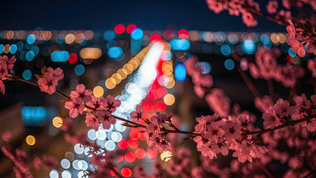 A close-up view presents delicate pink blossoms in sharp focus, while a blurred cityscape forms the background. The scene features bokeh lights in various colors along a roadway, suggesting an urban environment at dusk. This image could be suitable for visual communication or creative projects.の素材