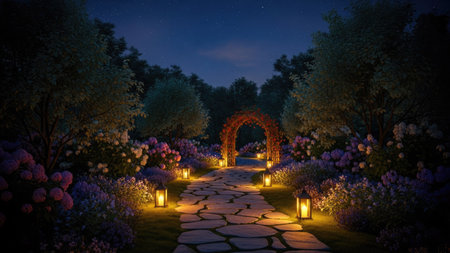 A tranquil garden path leads through blooming flowers and illuminated lanterns at night. The scene features a stone pathway with an archway. The composition is enhanced by soft lighting and rich colors, suggesting a serene atmosphere. This image is suitable for various commercial uses.の素材