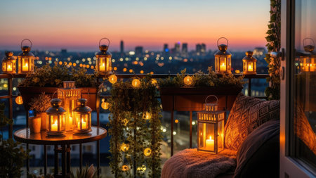 An outdoor setting features decorative lanterns with glowing candles, illuminating a balcony. The composition includes potted plants and soft furnishings, bathed in warm light. The background showcases a blurred city skyline at dusk. This image is suitable for various commercial purposes, including lifestyle and design projects.の素材