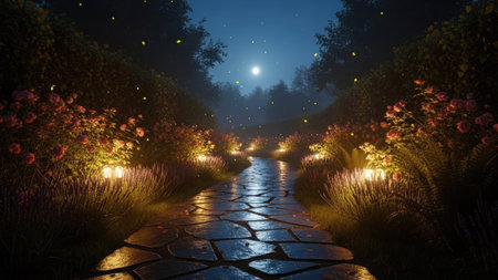 A stone path winds through a garden under a full moon. Soft lights illuminate the edges, highlighting flowers and tall grass. The scene evokes a tranquil ambiance. Suitable for use in conceptual designs, illustrations, or projects focused on nature, fantasy, and night themes.の素材