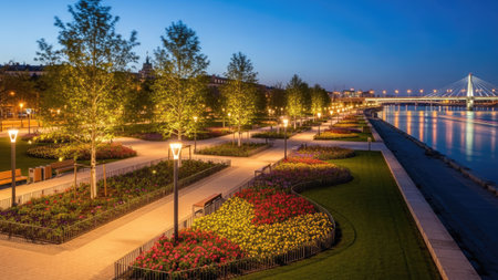 An evening landscape presents a well-manicured parkway with illuminated trees and flower beds. The scene features a water body with a bridge in the distance under a dusky sky. Soft lighting illuminates the path, suggesting a tranquil and accessible environment suitable for various commercial uses.の素材