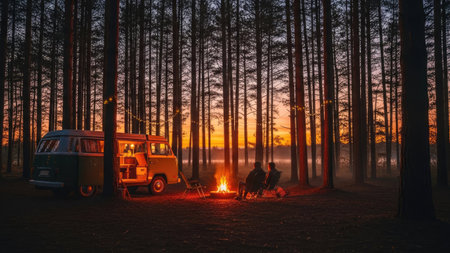 A tranquil scene captures the silhouettes of figures gathered around a campfire near a vehicle. Tall trees surround the setting under a twilight sky. The warm glow of the fire contrasts with the cooler tones of the forest, suggesting a peaceful evening. Suitable for travel or lifestyle content.の素材