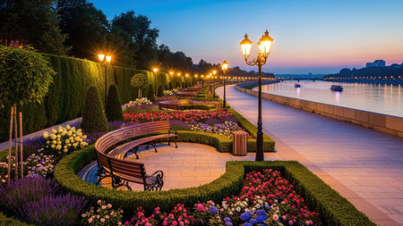 An outdoor scene presents a park pathway illuminated by ornate lampposts. Various flowerbeds with colorful blooms and well-manicured hedges border the path. The photograph showcases a twilight atmosphere, with a calm river in the background. This image could be used for editorial, or commercial applications.の素材