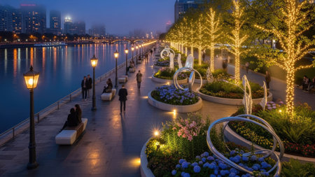 An evening scene reveals a riverside walkway, lined with decorative lights illuminating trees and floral arrangements. People are present, suggesting recreational activity near buildings. The composition features a symmetrical layout with artificial lighting, evoking a sense of tranquility. Suitable for various commercial and editorial applications.の素材