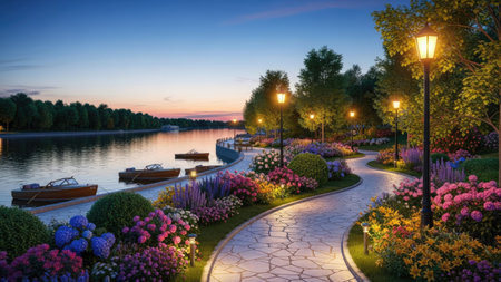 A tranquil landscape depicts a park at dusk with a gentle river and boats. The scene showcases a winding pathway flanked by colorful flowers and illuminated by glowing lampposts. The soft lighting creates a serene atmosphere, suggesting potential uses for travel, leisure, or editorial content.の素材
