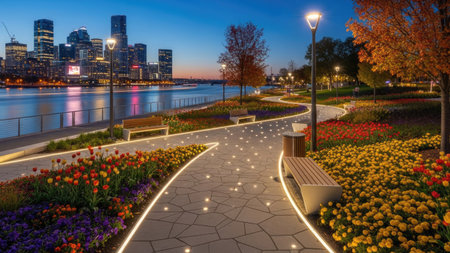 A park scene features a winding pathway illuminated by ground lights, leading toward a cityscape. The composition showcases colorful flower beds and benches along the path. The evening ambiance is enhanced by ambient lighting and calm water. This image could be suitable for various commercial or editorial applications.の素材