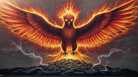 An artistic representation features a phoenix engulfed in flames. The bird is depicted with vibrant orange and red hues, wings outstretched. The artwork uses dynamic lighting and bold composition. Suitable for various creative projects, this image conveys energy and rebirth, potentially for illustrations and design.の素材