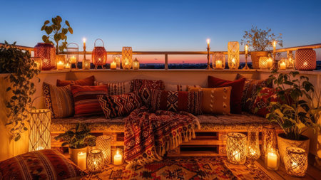 An inviting outdoor setting features a seating area with numerous cushions and blankets. Soft, warm light emanates from various lanterns and candles creating a relaxing ambiance. The image showcases a decorative arrangement suggesting comfort and leisure. Suitable for use in lifestyle or editorial content.の素材