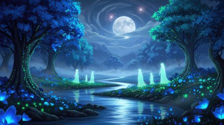 An illustrated forest scene depicts a tranquil river winding through lush foliage under a full moon. The artwork features vibrant blues and greens, with soft lighting and an ethereal atmosphere. Floating, glowing figures add a mystical element. This image may be suitable for use in creative projects, illustrations, or digital art.の素材