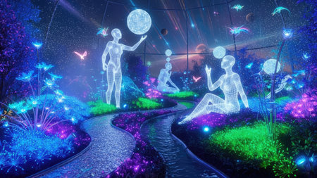 This image depicts multiple figures interacting with glowing orbs within a fantastical, brightly colored environment. The scene showcases vibrant blues, greens, and purples with dynamic lighting and textures. This artwork has potential uses in various commercial and editorial contexts related to imagination or conceptual design.の素材