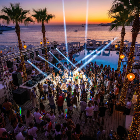An aerial view captures a large crowd of people enjoying an outdoor party. Palm trees frame the scene, with stage lights illuminating the gathering. The event takes place near a body of water during the sunset. This vibrant image could be suitable for promotional materials or editorial content.の素材