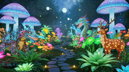 An imaginative scene showcases a whimsical garden setting, featuring glowing mushrooms, mythical dragons, and a deer. Vivid colors dominate the composition, from the plants to the creatures. The overall atmosphere suggests a magical and enchanting environment, potentially suitable for illustration or creative projects.の素材