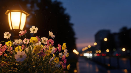 Close-up of colorful flowers blooming at night under a warm street lamp. The image shows a soft focus with a dark, blurred background and a mix of vibrant and pastel colors. The scene suggests a tranquil outdoor setting, suitable for various editorial and commercial applications.の素材