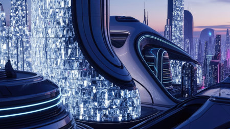 A visually striking cityscape showcases modern architecture with sleek lines and bright illumination. The composition features a complex arrangement of high-tech buildings, suggesting advanced technology. The artwork uses cool tones and detailed rendering, possibly suitable for concept art, website design, or science fiction related projects.の素材