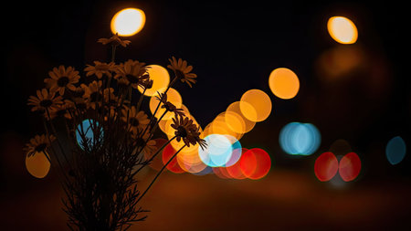 A close-up view depicts silhouette of flowers set against a backdrop of vibrant, blurred bokeh lights. Warm and cool tones interplay to create depth, suggesting a nighttime environment. This image could serve various uses related to design or artistic projects.の素材