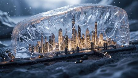 A futuristic cityscape is encased within a transparent ice dome. The image presents a cool color palette with prominent blues and whites, and warm, illuminated buildings. This conceptual artwork evokes ideas of protection and isolation. Suitable for a range of creative projects, including editorial illustration or design.の素材