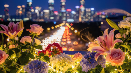A close-up of a floral arrangement with roses and lilies, features a blurred cityscape at night. The composition showcases an illuminated road leading to the city. This image could be used for various commercial projects related to nature, travel, or lifestyle.の素材