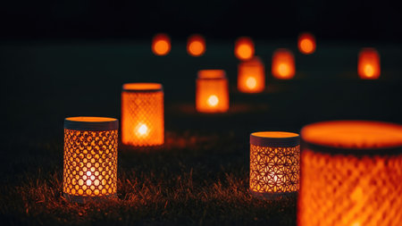 Several illuminated lanterns rest on the ground, creating a warm glow. The scene is dominated by a dark background and soft, diffused lighting. The design and arrangement of these lanterns could be suitable for various commercial or decorative projects, offering a sense of serenity.の素材