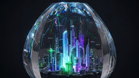 A miniature cityscape enclosed within a transparent orb is illuminated with vibrant colors. Tall, sleek buildings are highlighted by a spectrum of lights, creating an ethereal glow against a dark background. The composition features sharp lines and reflective surfaces. This image may be suitable for illustrating concepts of technology or urban development.の素材