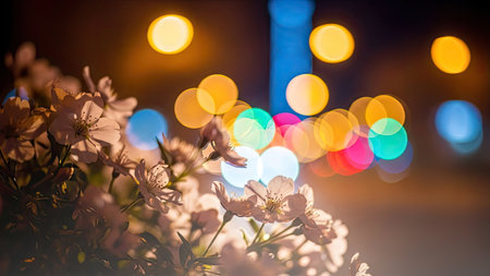 Close-up of delicate flowers with blurred, vibrant bokeh lights in the background. The composition features soft lighting and a shallow depth of field, creating an artistic effect. Suitable for various design projects, this image provides a visually appealing aesthetic that may be used commercially or for editorial purposes.の素材