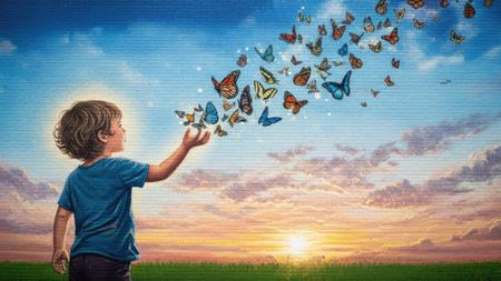 A young child reaches out to a swarm of butterflies against a vibrant sky during sunset. The artwork features soft, warm colors, and a dreamy composition with a focus on light and shadow. The scene may be suitable for illustrations of themes like freedom, childhood, and environmental awareness, and other commercial applications.の素材