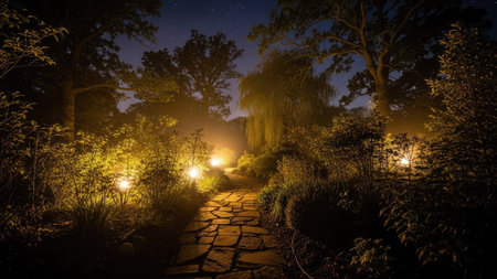 A stone pathway winds through a garden, lined with illuminated orbs and flanked by trees and dense foliage. The scene features a low-angle perspective, creating a sense of depth and mystery. The warm glow of the lights contrasts with the cool tones of the twilight sky. This image may be suitable for editorial or commercial applications.の素材