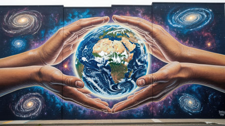 A mural showcases hands gently holding planet Earth amidst swirling galaxies. The artwork displays a vivid color palette of blues, purples, and browns, with detailed brushstrokes creating texture. The composition utilizes a centered, symmetric arrangement, and potentially serves as inspirational or educational content.の素材