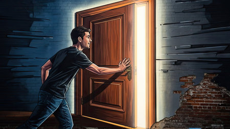 A man reaches towards a brightly lit doorway, suggesting an entrance. The illustration features a man in casual attire, with a warm, inviting light emanating from the doorway. The composition and lighting create a sense of mystery and potential. This image could be used for various commercial and editorial applications.の素材