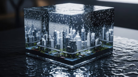 A striking artwork presents a miniature cityscape enclosed within a transparent cube. The scene features detailed buildings and a roadway, partially submerged in water. Rain appears to be falling within the cube. The composition utilizes a cool color palette and creates a visually compelling design suitable for various conceptual uses.の素材