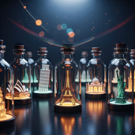 A collection of iconic world landmarks is presented inside transparent glass bottles. The scene features interior lighting, enhancing the miniature structures against a dark background. This composition showcases a creative, artistic representation, suitable for conceptual, illustrative, or commercial applications.の素材