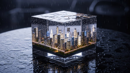 A miniature cityscape is encased within a transparent cube, showcasing architectural structures and lights. The scene features water droplets, implying rainfall. The composition utilizes a dark background to enhance the glowing city within. This image can be used for conceptual art, design projects, or editorial illustrations.の素材