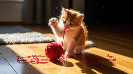 A small kitten engages with a red ball of yarn. The scene shows the animal indoors, illuminated by sunlight casting strong shadows. The composition highlights the textures of the wood and the softness of the kitten's fur, suitable for various editorial and commercial applications.の素材