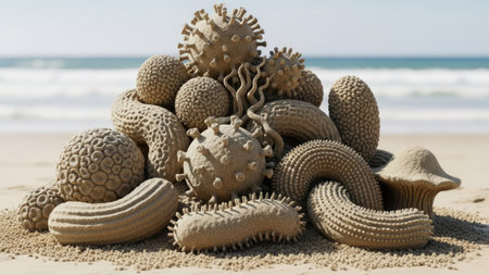 A collection of sand sculptures shaped to resemble various microscopic organisms rests on a sandy beach. The sculptures display intricate textures and are bathed in natural sunlight. The composition suggests a seaside setting, possibly suitable for scientific or educational material, or for illustrating the beauty of forms in nature.の素材