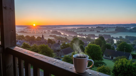 A coffee cup rests on a wooden balcony railing, overlooking a tranquil rural vista. The early morning sun bathes the scene in warm hues of orange and yellow, with the landscape partially obscured by mist. This image could be used in various commercial applications, including editorial and lifestyle content.の素材