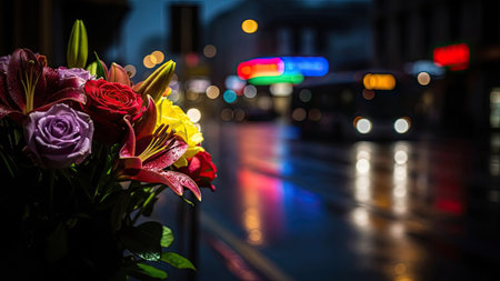 A close-up view of a colorful bouquet showcases a variety of flowers. The composition features rich hues, with a blurred city street background at night. The lighting creates a bokeh effect, suggesting an urban environment, perhaps suitable for editorial and commercial use.の素材