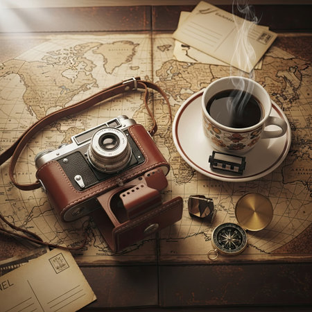 An overhead view reveals a vintage camera alongside a cup of coffee resting on a map. Composed of warm browns and creams with soft sunlight, the image displays classic photographic equipment and travel essentials. Suitable for travel blogs, photography websites, and commercial projects, the scene implies exploration.の素材