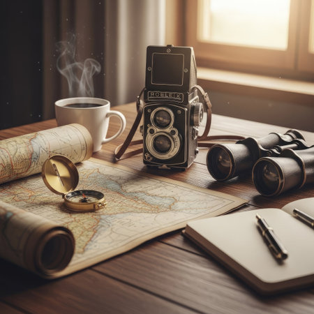An old camera sits beside a steaming coffee cup and rolled maps on a wooden table. Binoculars, a compass, and a notebook are also present, suggesting a theme of exploration. The warm lighting and rich textures of the objects create an inviting atmosphere suitable for various visual projects.の素材