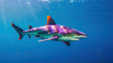 A shark glides through clear blue water, bathed in sunlight. The image showcases the shark with vivid purple and orange highlights against a backdrop of aquatic blues. This visual, featuring a marine animal, could be used for various projects needing a captivating ocean scene.の素材