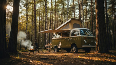 A classic campervan is situated amongst tall trees, with an open awning. The scene features warm, golden sunlight filtering through the dense foliage, creating a tranquil atmosphere. A small campfire adds a touch of adventure to the natural environment, suggesting leisure and travel possibilities. This image could be suitable for promotional and editorial use.の素材