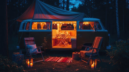An aged campervan, illuminated from within, is parked in a darkened forest setting. The interior glows warmly, highlighting camping chairs and a cozy arrangement. The scene is bathed in dim, ambient light. This image could be used for travel, adventure, or lifestyle related content.の素材