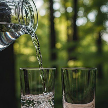 Clear water is being poured from a glass pitcher into two glasses. The composition showcases a refreshing visual, emphasizing the flow and transparency of the liquid. The blurred forest backdrop suggests an outdoor setting with natural light, suitable for commercial or editorial applications related to health and lifestyle.の素材