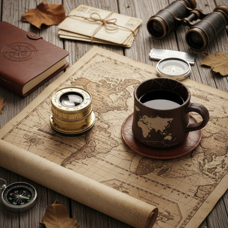 A detailed map lies on a wooden surface, accompanied by coffee in a cup, a notebook, binoculars, and a compass. The scene features warm tones and natural light, suggesting an indoor setting. This image could be used for various commercial projects related to travel, exploration, or historical themes.の素材