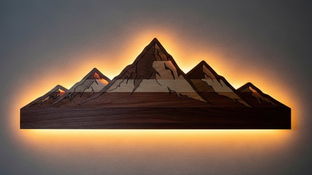An artistic wooden mountain range is illuminated by a warm, golden light source, casting intriguing shadows. The artwork displays a detailed representation of mountain peaks. The composition implies a simple design with commercial applications. The scene conveys a sense of depth and visual interest.の素材