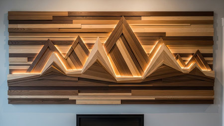 This wall art showcases a mountain range crafted from wood, arranged in a textured relief. The piece features variations of brown hues, creating a visually dynamic surface. Warm lighting illuminates the peaks. Suitable for interior design projects, the artwork provides an appealing focal point with a contemporary aesthetic.の素材