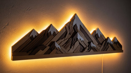 A wooden mountain range sculpture is presented against a textured wall, highlighted by a warm, back-lighting effect. The peaks are detailed with contrasting textures and colors, creating a three-dimensional appearance. The lighting suggests an indoor setting, suitable for various editorial and commercial applications. The composition is clean and minimalist.の素材